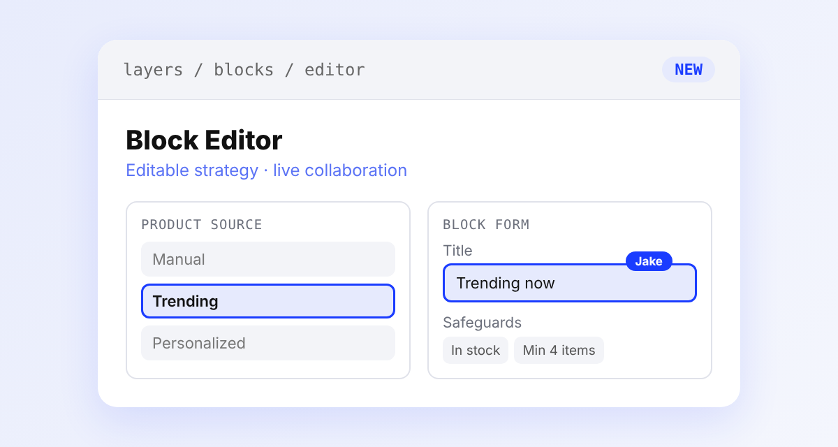 Block editor showing the Product Source card with the Trending strategy selected next to a block form with a teammate's presence label on the title field