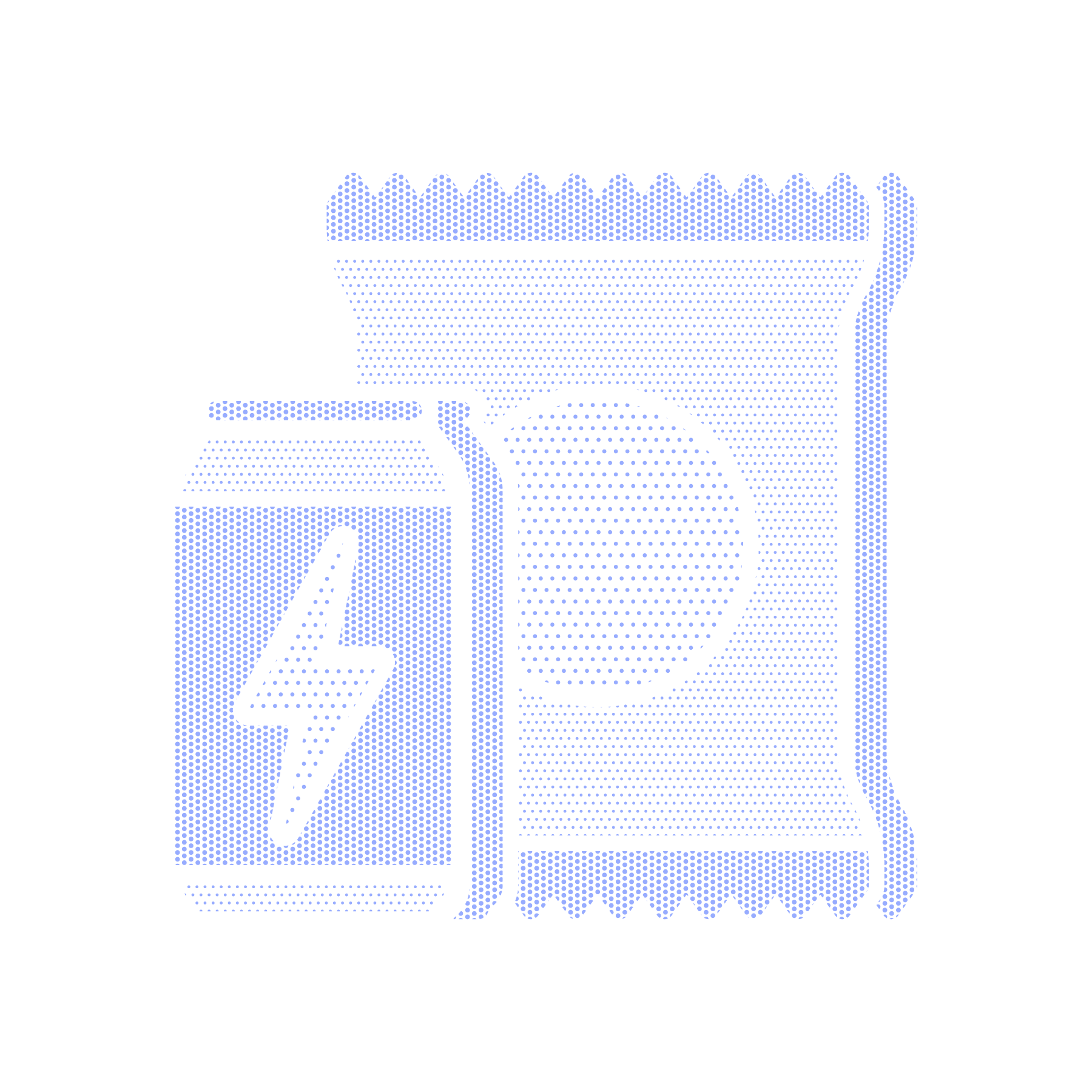 Dotted illustration of a snack pouch and an energy drink can