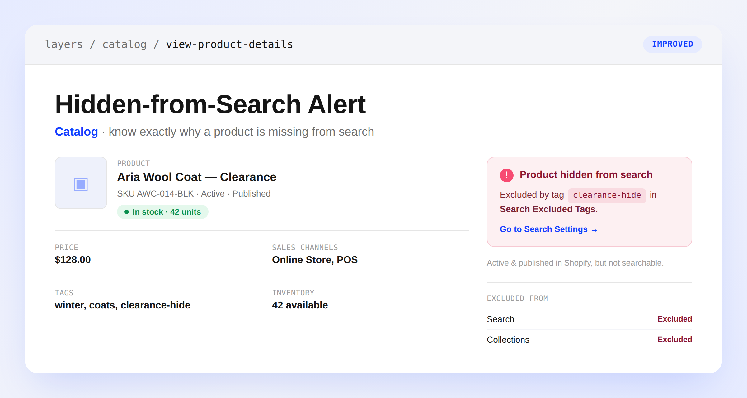 Product details page sidebar showing a Product hidden from search alert naming an excluded tag and linking to Search Settings