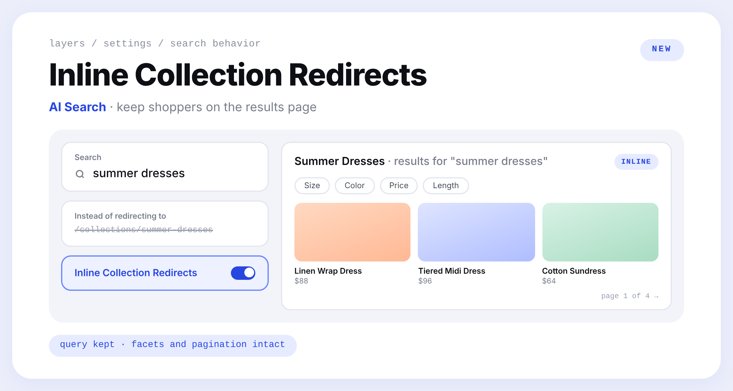 A search for summer dresses showing the Summer Dresses collection's products on the results page with facets and pagination, instead of redirecting to /collections/summer-dresses, with the Inline Collection Redirects setting turned on