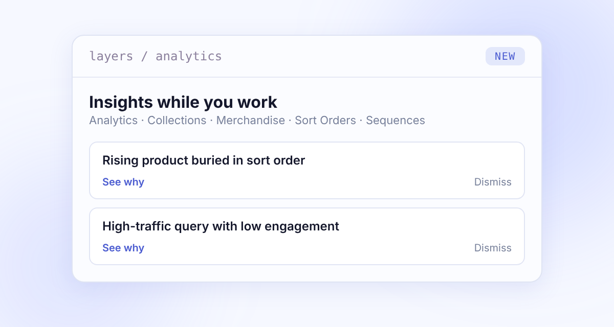 Two insight cards on the Layers Analytics page, Rising product buried in sort order and High-traffic query with low engagement, each with See why and Dismiss controls