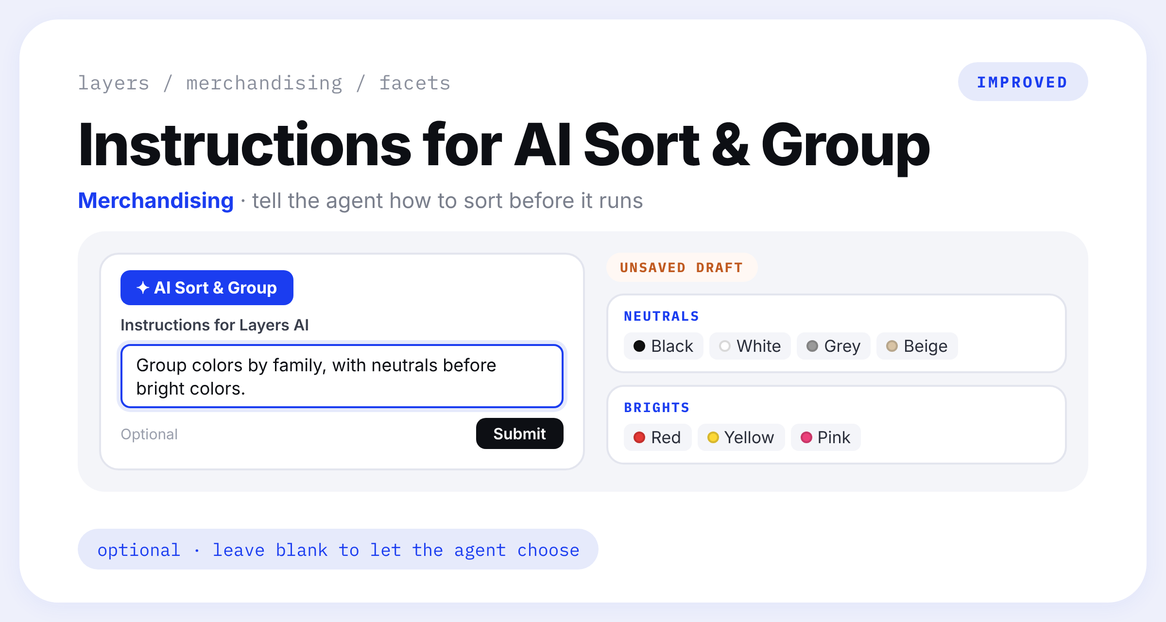 The AI Sort & Group popover with an Instructions for Layers AI field reading 'Group colors by family, with neutrals before bright colors', next to an unsaved draft of color values grouped into Neutrals and Brights