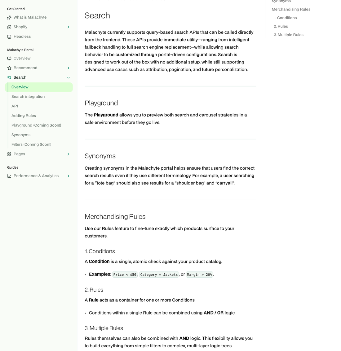 Malachyte search documentation showing synonyms created manually in the portal and the Playground marked coming soon