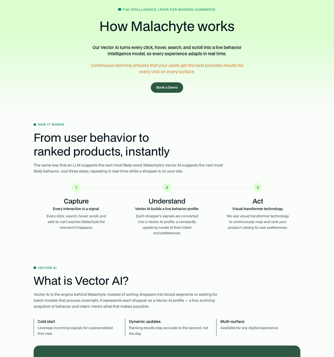 Malachyte technology page explaining its Vector AI cold-start personalization for anonymous shoppers