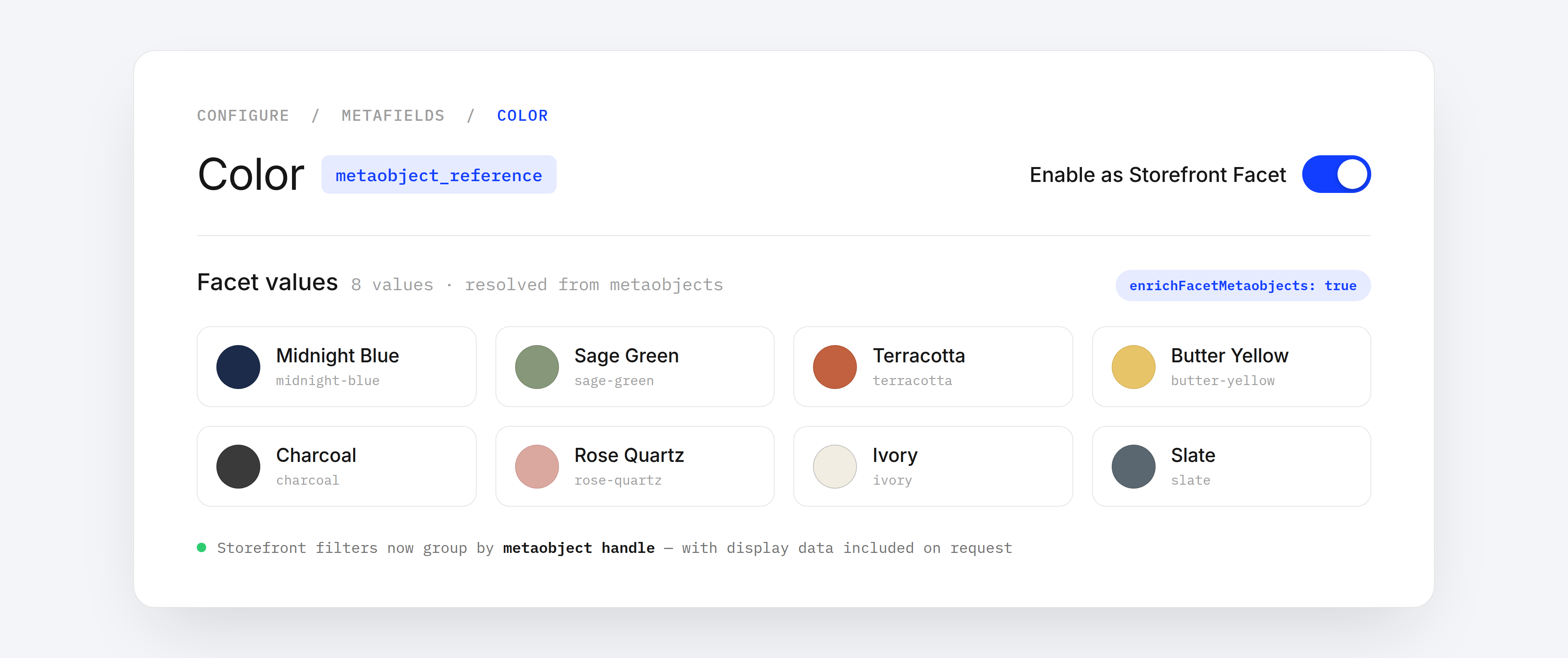 Metafield configuration panel showing a Color metaobject-reference field enabled as a storefront facet, with facet values shown as resolved swatch colors and display names