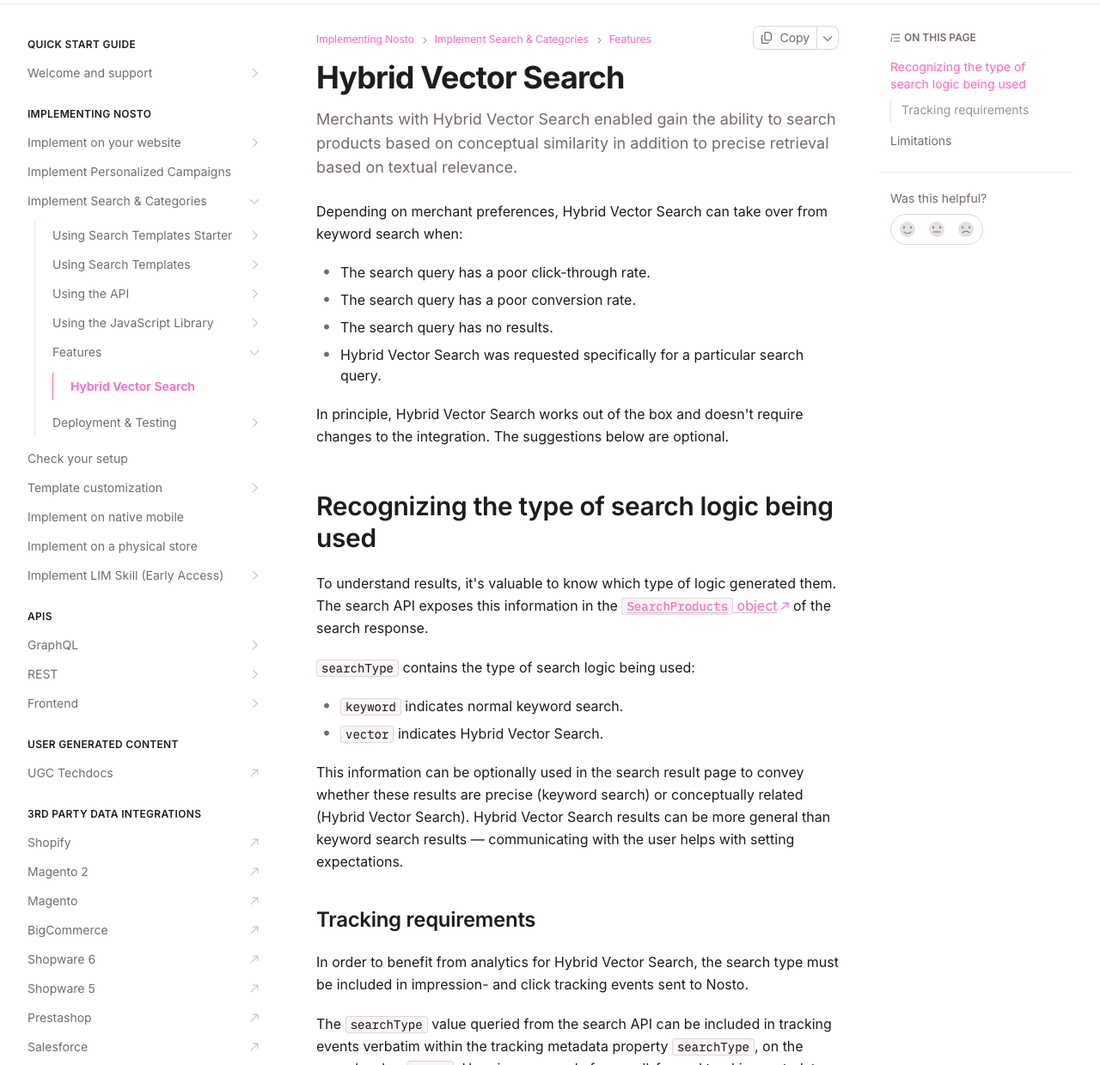 Nosto Hybrid Vector Search documentation showing it engages only on poor CTR, poor conversion, or no results