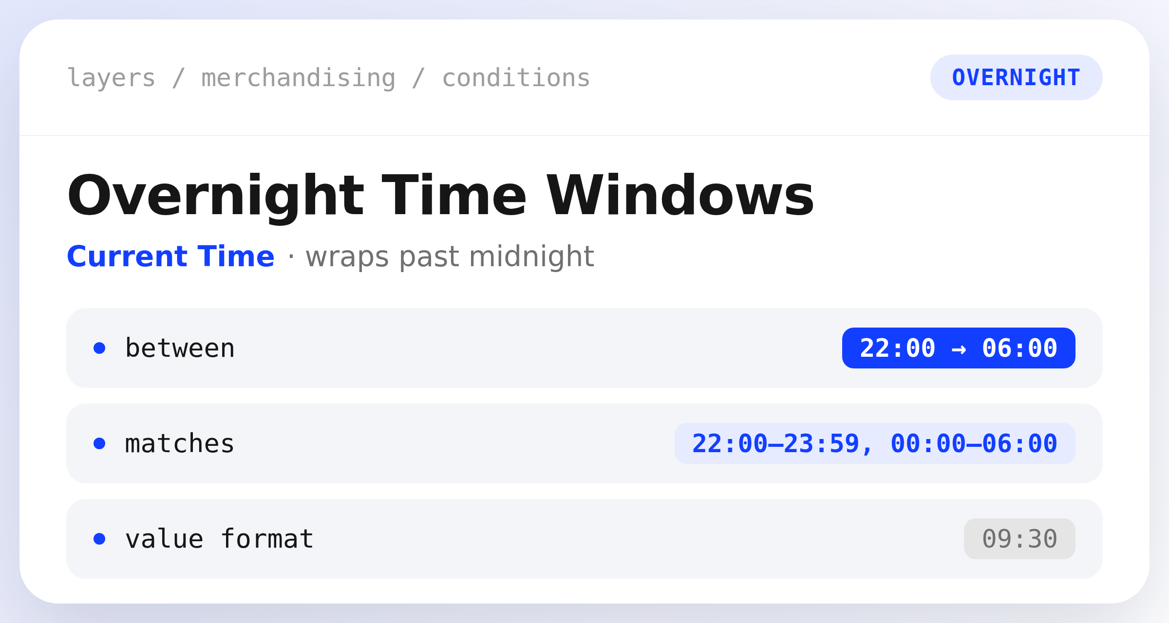 A Current Time condition set to between 22:00 and 06:00, matching the overnight window across midnight
