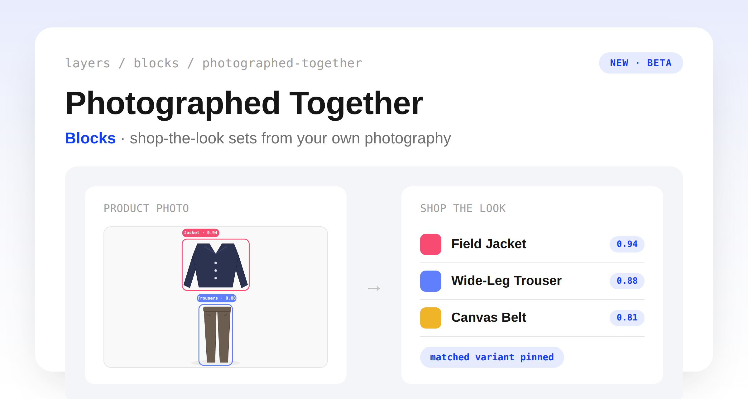 A product-anchored block configured with the Photographed Together strategy, detecting companion garments in a product photo and serving them as a shop-the-look set with match confidence scores