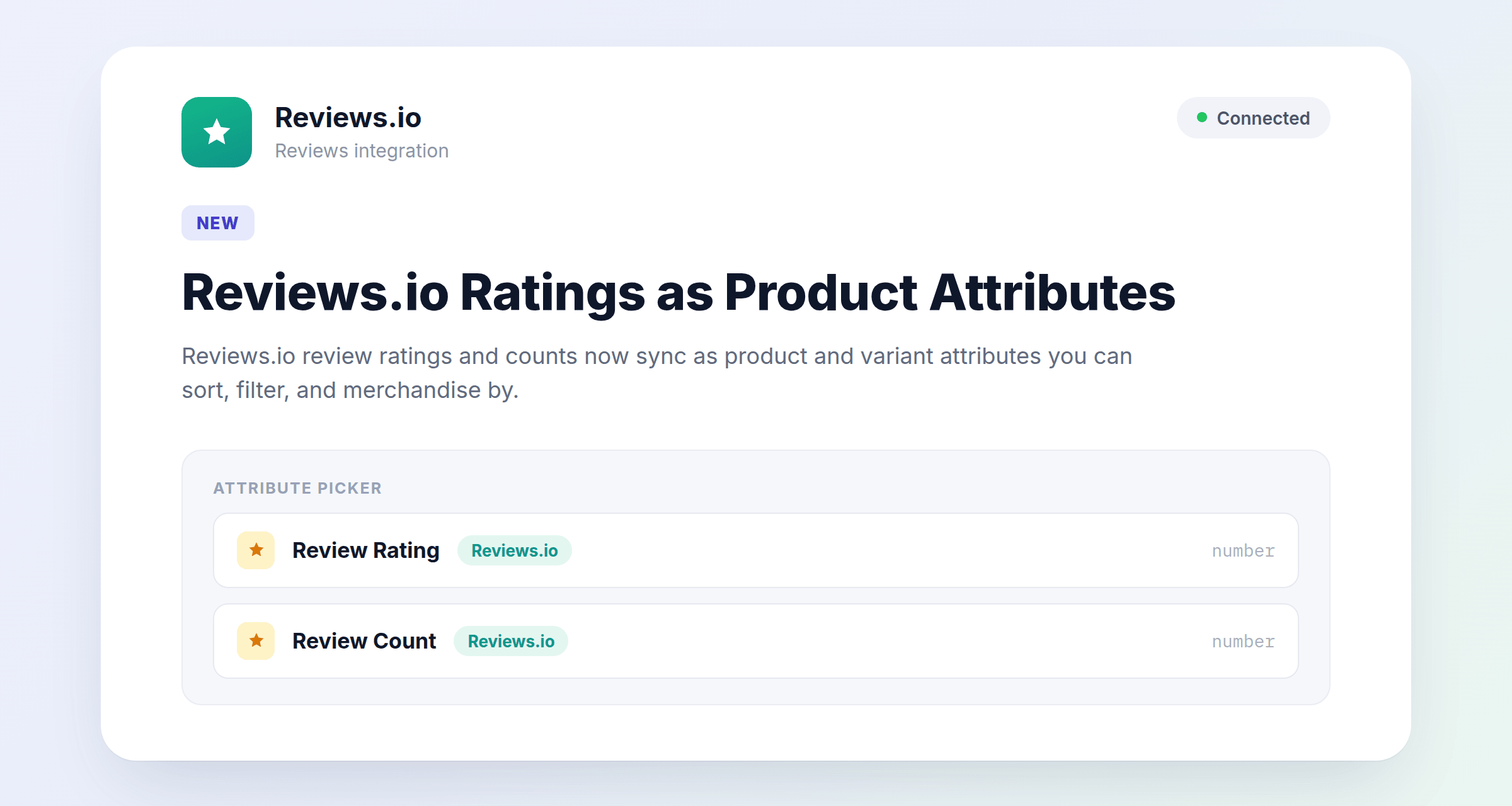 Attribute picker showing Review Rating and Review Count, both tagged Reviews.io, available as number attributes