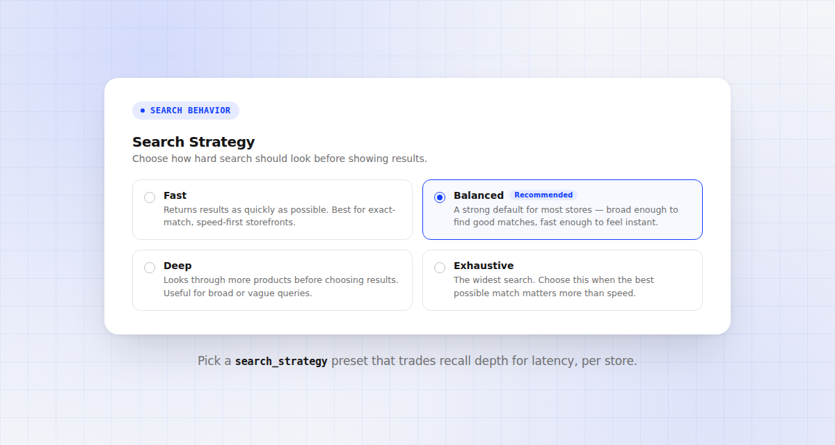 Search Strategy setting on the Search Behavior page showing Fast, Balanced, Deep, and Exhaustive options with Balanced selected and marked Recommended