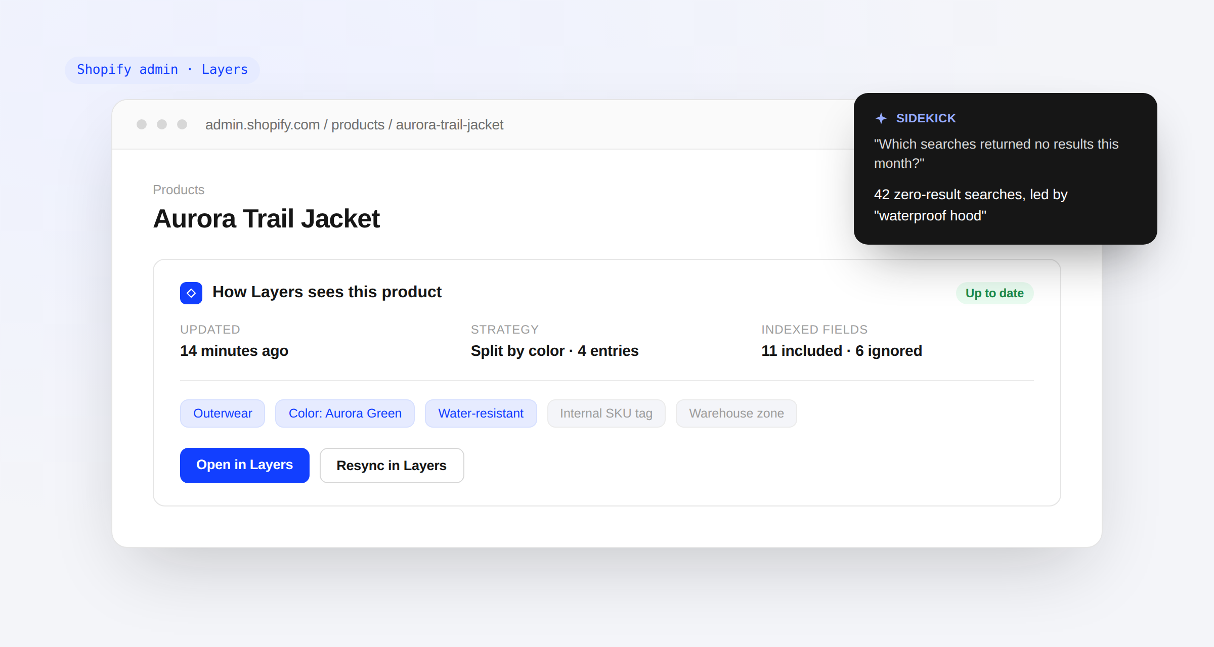 Shopify product page with a How Layers sees this product card showing freshness, indexing strategy, and included and ignored signals