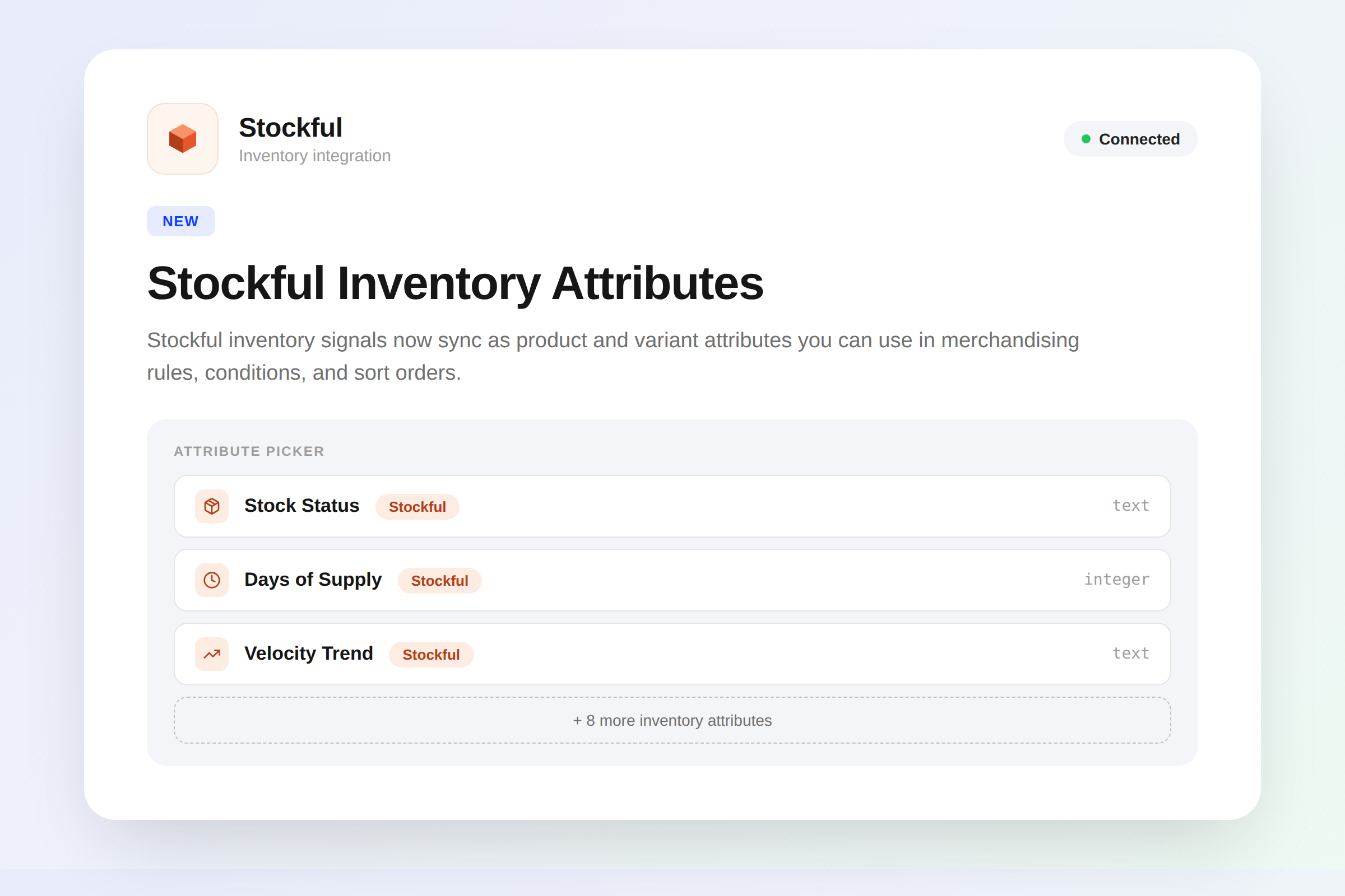 Attribute picker showing Stock Status, Days of Supply, and Velocity Trend, all tagged Stockful, plus 8 more inventory attributes