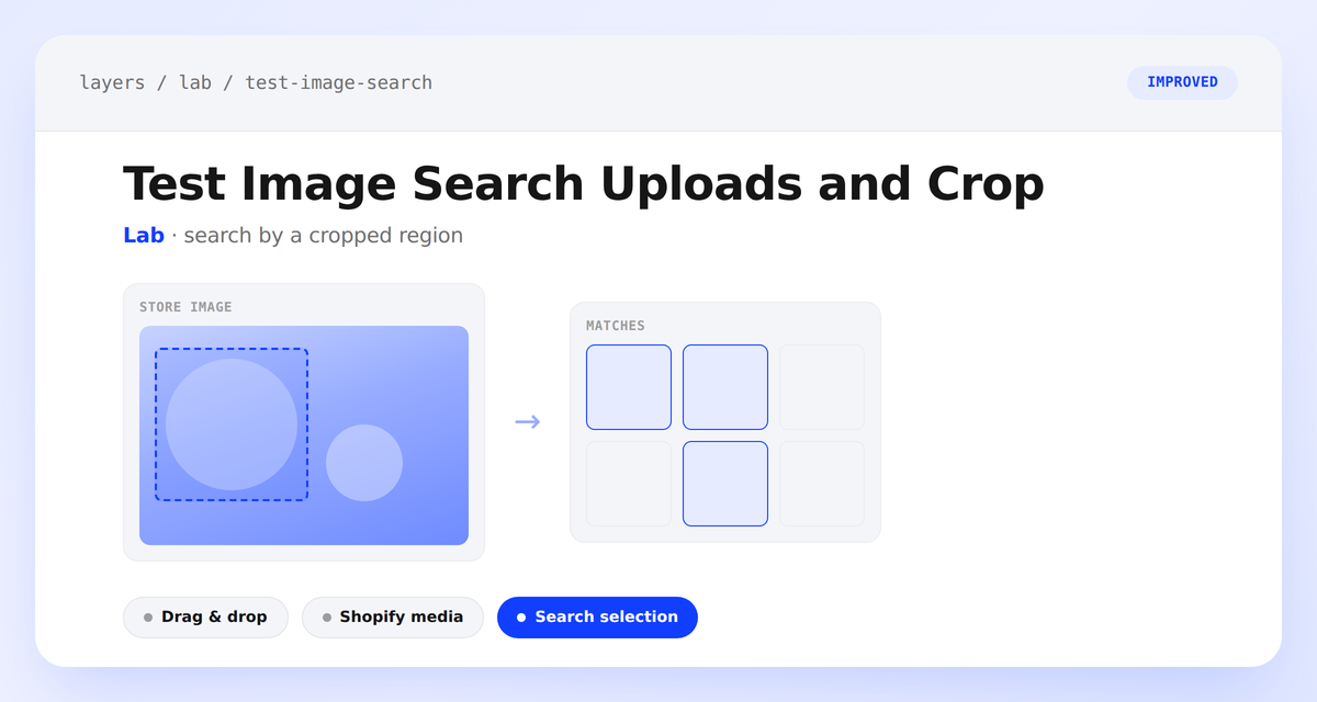 Test Image Search page showing drag-and-drop upload, a Shopify media picker button, and a crop selection drawn over part of a product photo