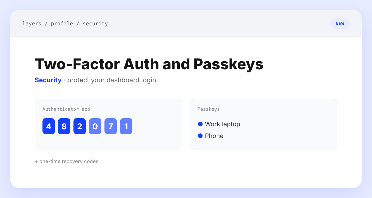 Layers Security page showing a six-digit authenticator code and a list of saved passkeys